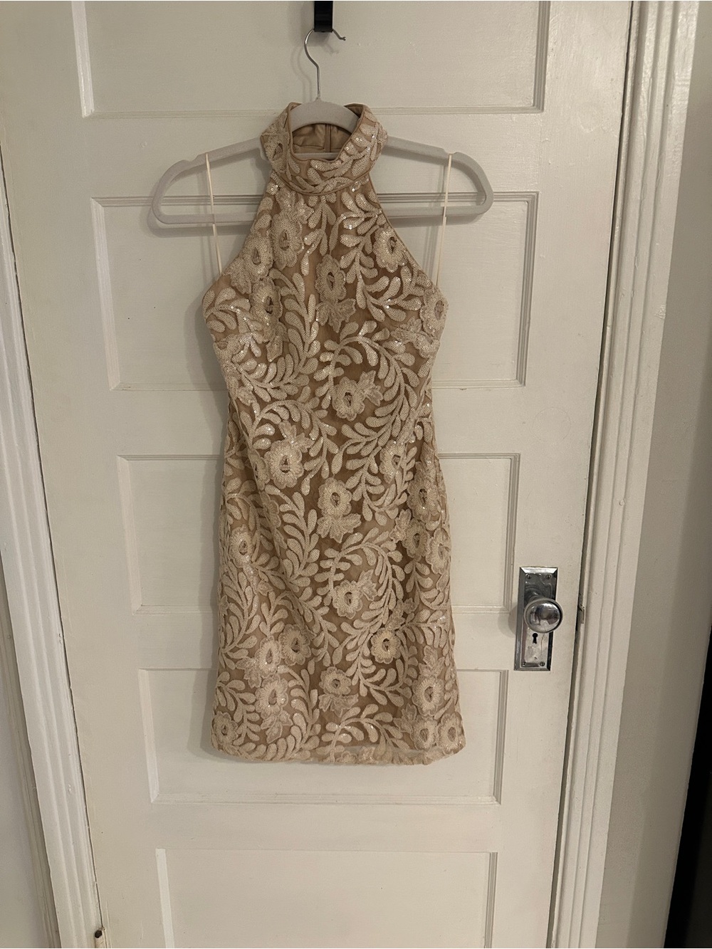 Badgley Mischka Champagne-Beige High Neck Sequin Lace Mini Dress